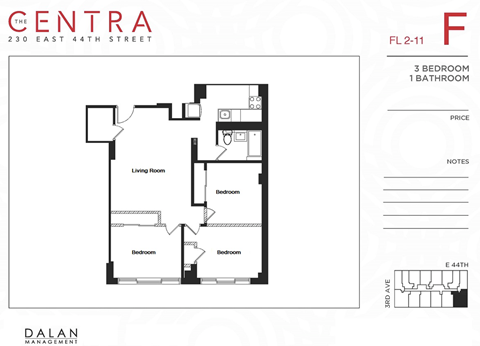 Floor plan for 3 beds, 1 bath, 724 sqft
